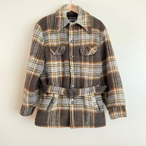 Vintage 70s Towncraft Penneys Men's M Brown Plaid Hunting Coat Waist Belt Lined